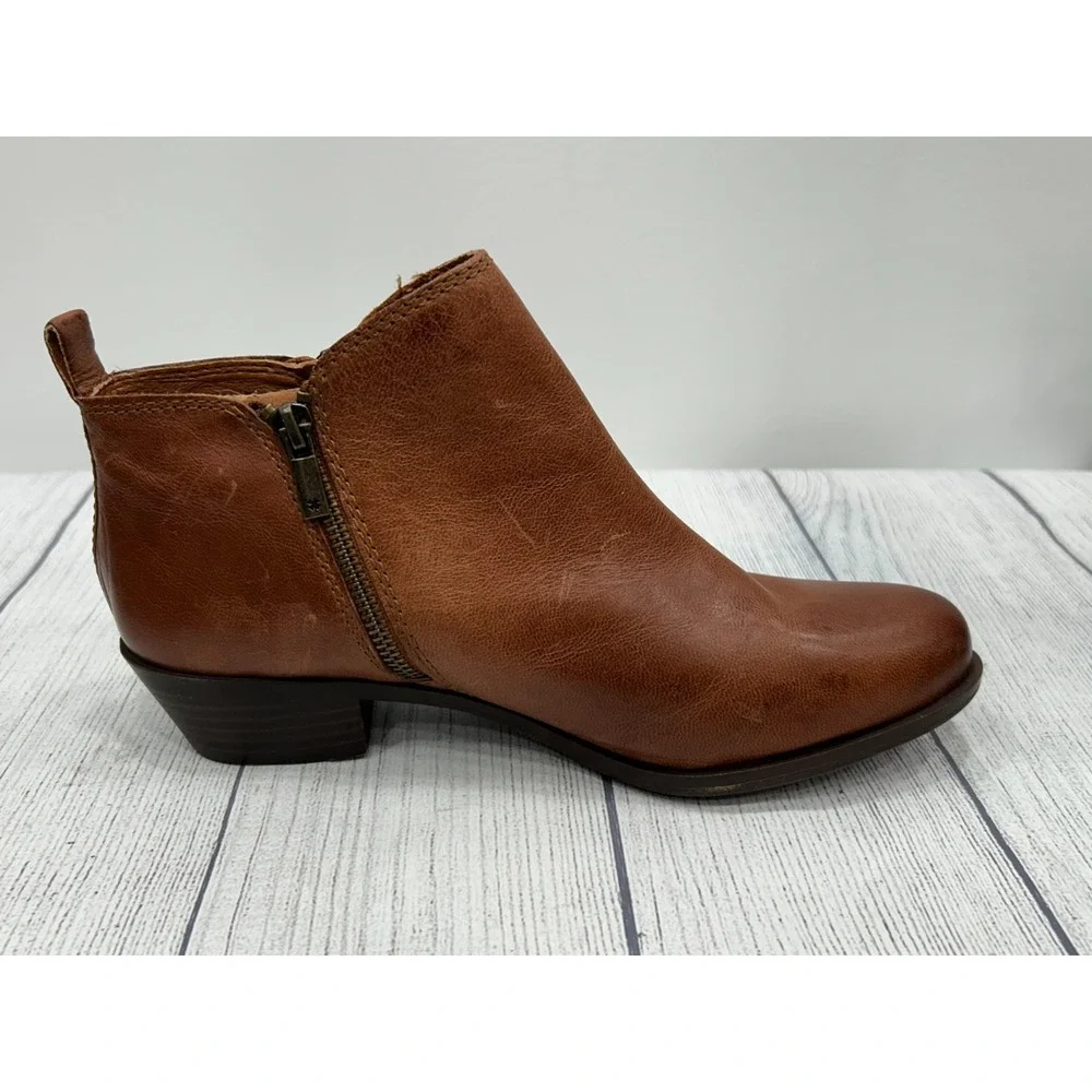 Lucky Brand Basel Ankle Boots Womens 10M Brown Leather Side Zip‎ Block Heel